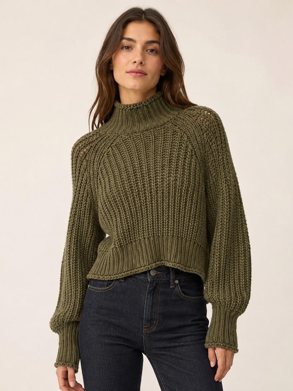H&M Wool Blend Chunky-Knit Cropped Batwing Sweater in Olive Green- Size XS